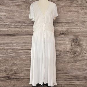 Women's Cream Button Lace‎ Sheer Embroidered Boho Peasant Lined Maxi Dress XL